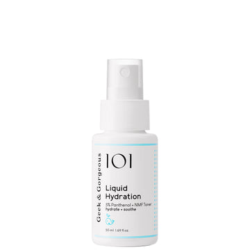 The small, 50 ml version of our Liquid Hydration toner spray standing in front of a white background.