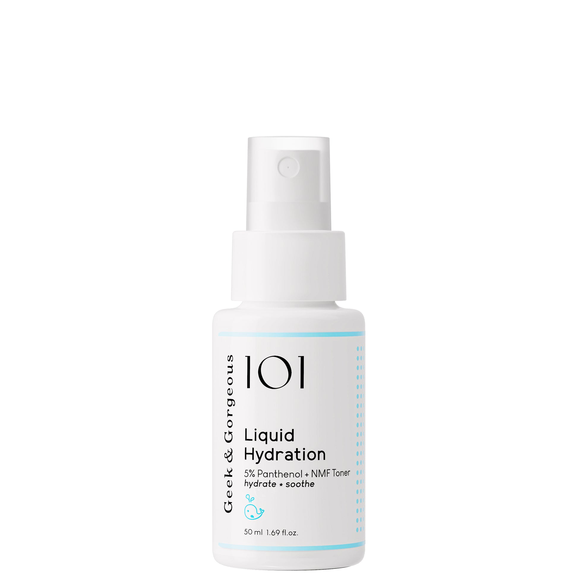 The small, 50 ml version of our Liquid Hydration toner spray standing in front of a white background.